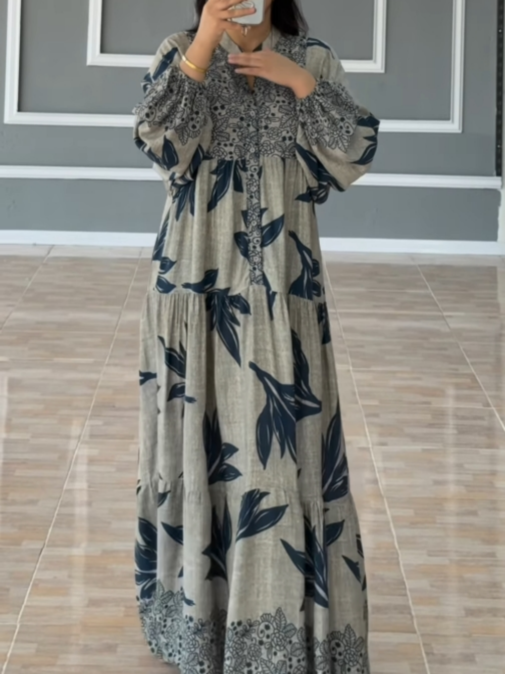 Printed Lantern Sleeves Loose Dress