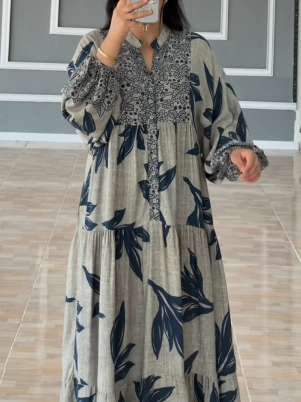 Printed Lantern Sleeves Loose Dress