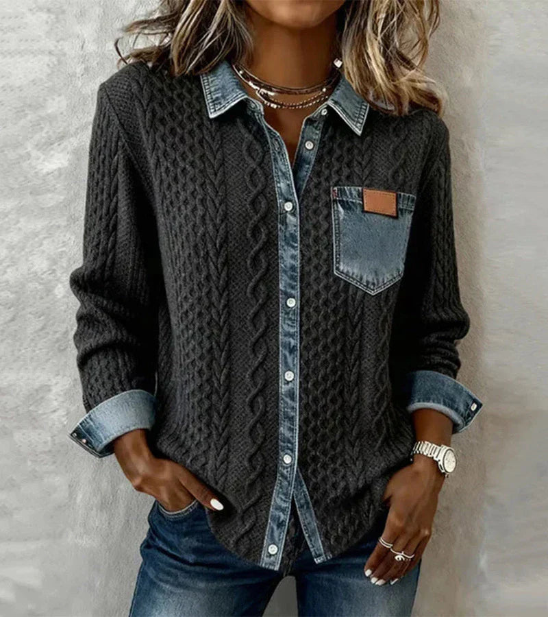 Marcela | Patchwork Knit Top with Denim Details
