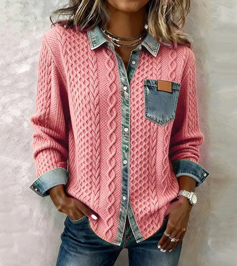 Marcela | Patchwork Knit Top with Denim Details