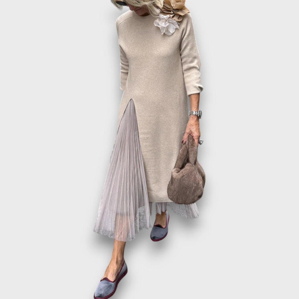 Elaira – Layered Knit & Tulle Midi Dress