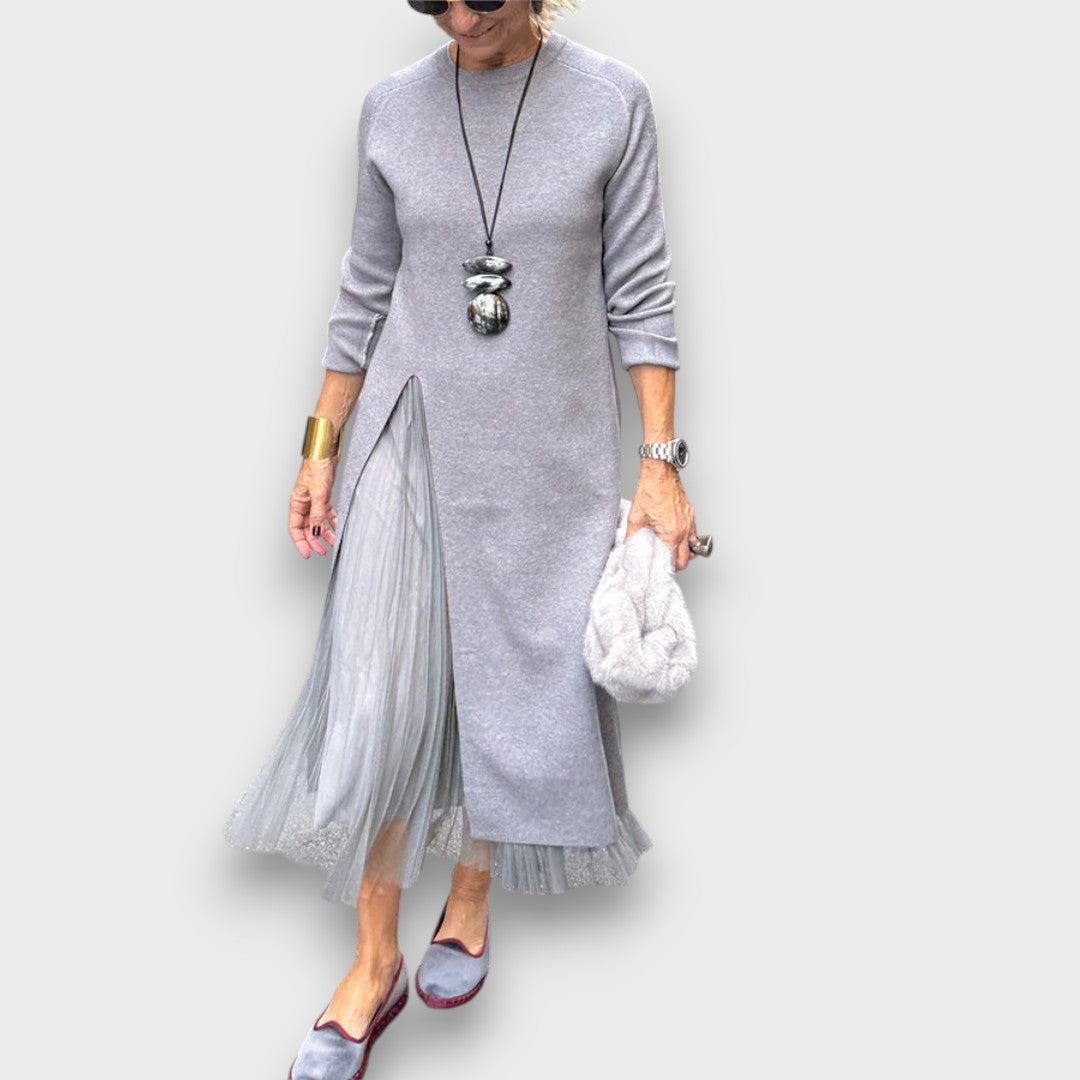 Elaira – Layered Knit & Tulle Midi Dress